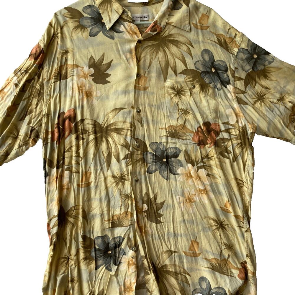 Vintage Mens Pierre Cardin Hawaiian Shirt Camp Hibiscus Palm Rayon Size L Yellow